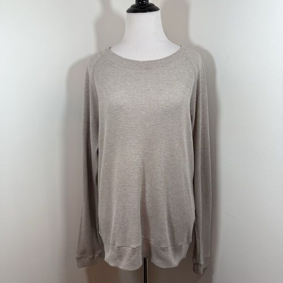 Aritzia TNA Thermal Size M Boatneck Long-sleeve Waffle Gray Knit Top Sweater - Picture 1 of 10